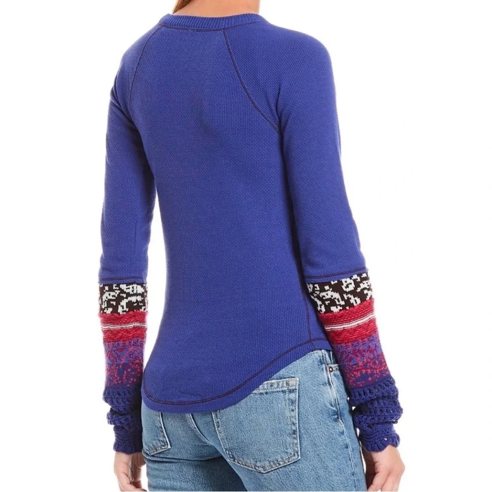 Free People Cobalt Blue Thermal Top with Pink & Black Patterned Sleeves